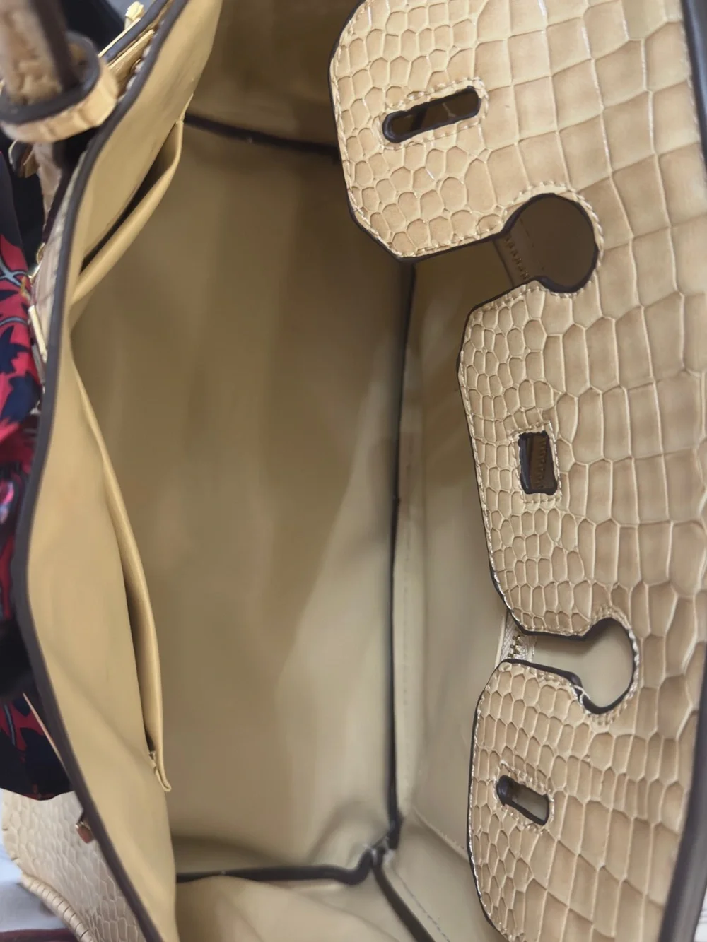 Cream Croc-Embossed Tote Bag with Gold Hardware